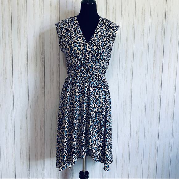 BCBGMaxazria cream blue black leopard print faux wrap dress size Small NWT - Picture 1 of 8